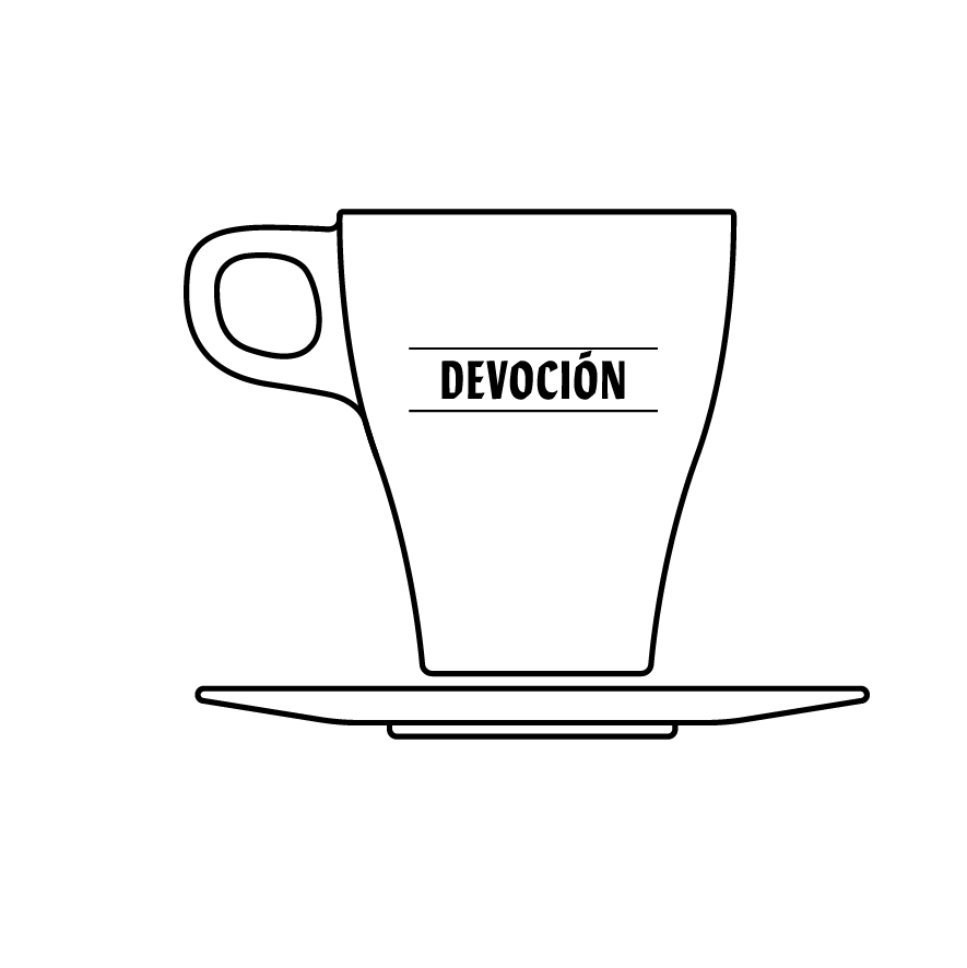 Outline of a coffee cup with 'DEVOCION' text on a white background
